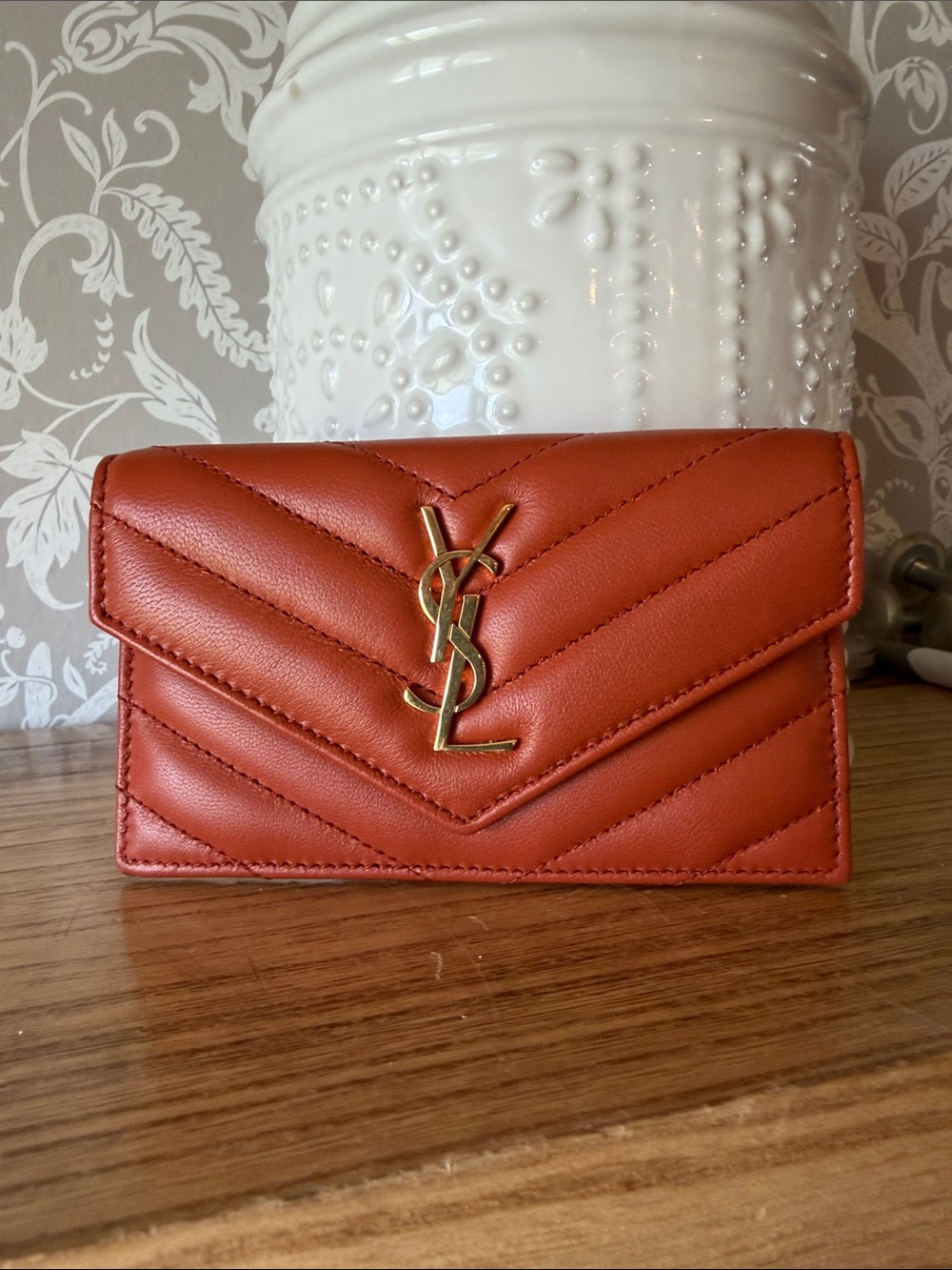 Saint Laurent Nappa Leather Flap Card Holder NWOT Burnt Orange Beautiful Neutral
